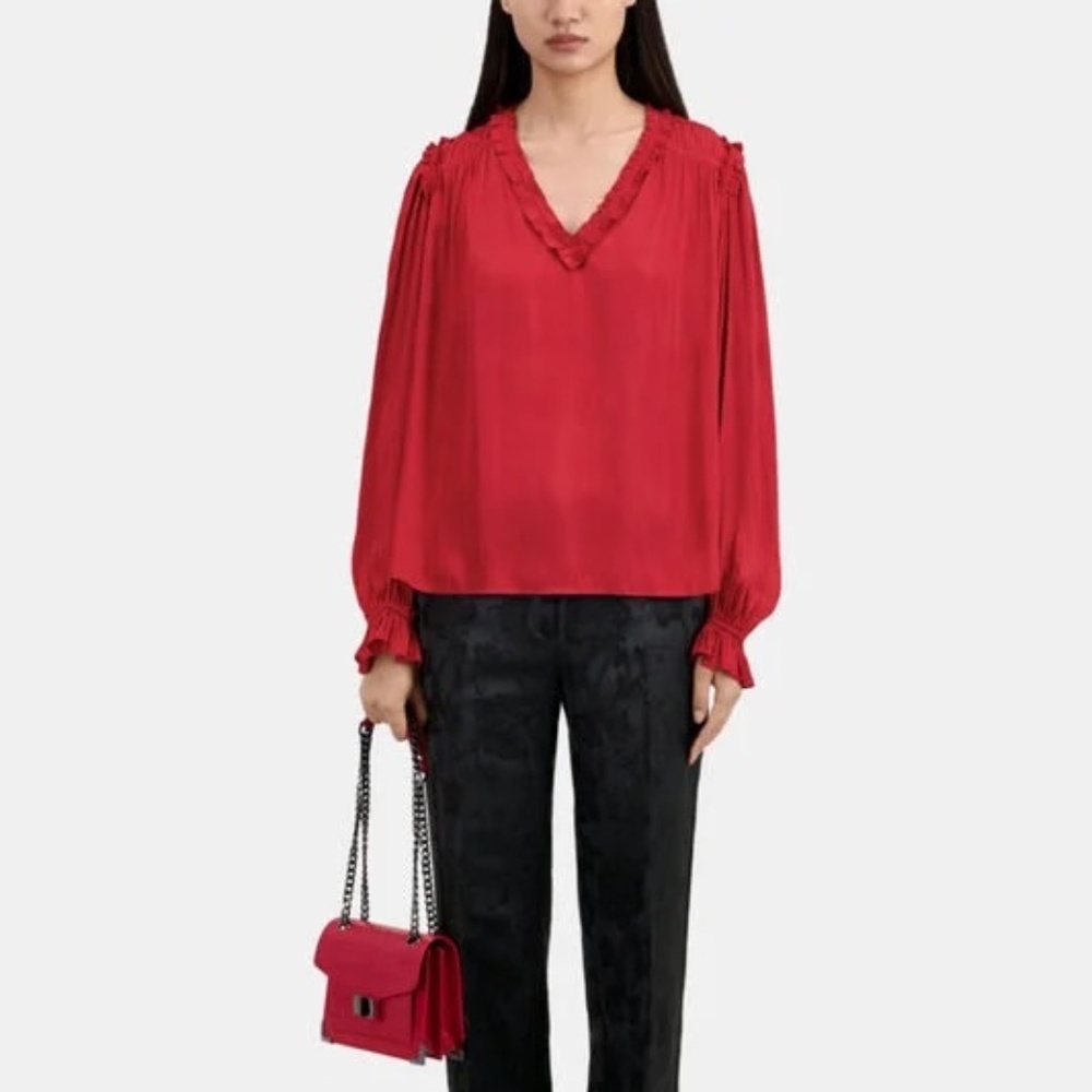 NWT | The Kooples | Red Satin V-Neck Long Sleeve Blouse with Ruffle Detail